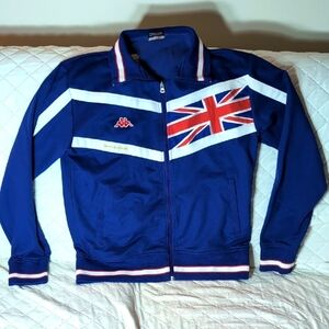 Vintage Woman's Blue Soccer Track Jacket with Flag of United Kingdom,XL.